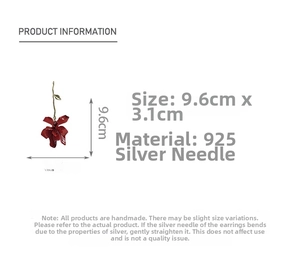 Detail showing 9.6cm x 3.5cm size for dark red flower drop earrings with 925 silver needles