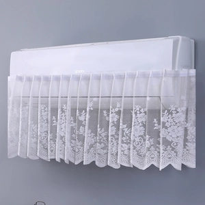 Detailed macro of white lace air conditioner cover with floral embroidery and pleats