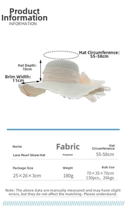 Size specifications for women's lace pearl straw hat with 11cm wide brim detail