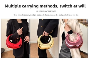 Sleek metallic acrylic dumpling bags in red, gold, and pink with a glossy mirror finish