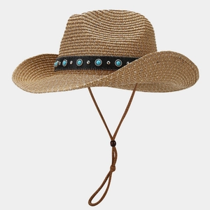 Western Cowboy Straw Hat With Turquoise And Metal Studs Wide Brim Sun Protection Adjustable Strap Summer Beach Vacation