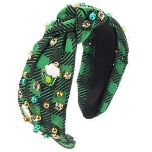 Detail of St. Patrick's Day green plaid headband with pearls and clover beer mug charm