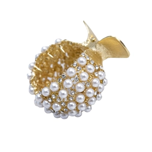 Elegant gold metal high ponytail claw clip with white pearls and sparkling rhinestones