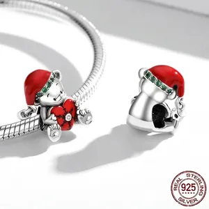 S925 sterling silver Christmas bear charms with red heart and green enamel hat