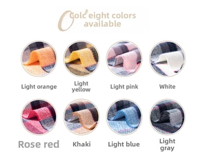 Detail showing eight available colors of cashmere-feel scarves with plaid patterns