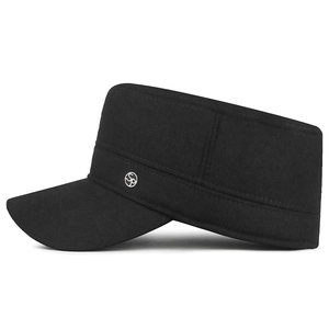 Men's winter flat top military cap with warm ear flaps and SP metal badge in black