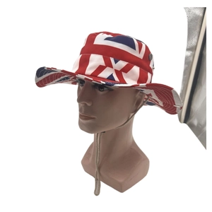 Detail of Union Jack bucket hat featuring metal eyelets and adjustable chin strap