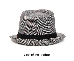 Rear view of a classic plaid gentleman fedora hat with a black grosgrain ribbon band
