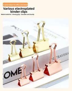 Macro view of rose gold and gold binder clips in various sizes for office stationary