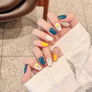 Hand-painted floral press-on nails in Morandi green and yellow tones with tulip designs