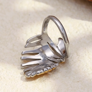 Two-tone 18K gold plated stainless steel leaf ring with silver feather details