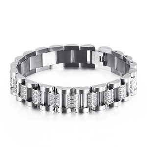 Polished silver stainless steel link bracelet with sparkling inlaid clear crystals