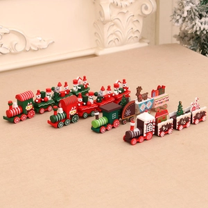 Decorative wooden Christmas train set with Santa and snowman figurines for festive decor