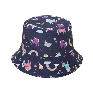 Navy blue kids unicorn bucket hat with rainbow patterns on white background