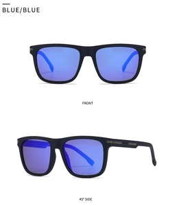 Front and 45-degree side view of matte black TR sunglasses with blue coated lenses