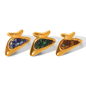 Three gold stainless steel rings with blue, green, and brown natural crushed stones