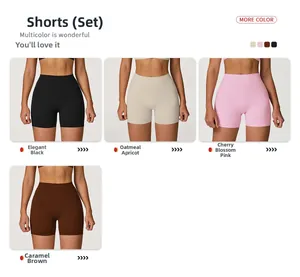 Vue détaillée de l'ensemble short de yoga en noir, abricot, rose et marron mat