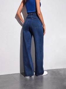 High-waisted wide-leg denim jeans for women, loose straight fit shown from a back view