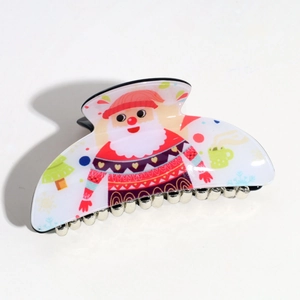 Close-up of Santa Claus pattern on semicircular acrylic Christmas hair claw clip
