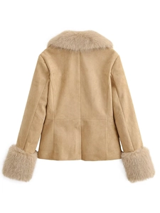 Back view of camel faux suede jacket featuring elegant detachable fur collar and cuffs
