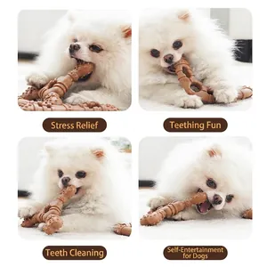 Brown textured rubber chew toy for dental cleaning shown with small white dog