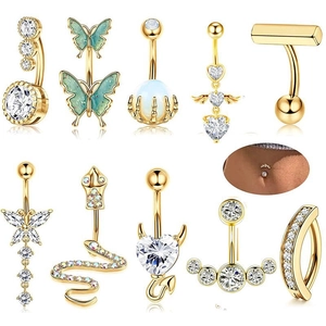 10-piece gold navel ring set with zirconia, butterflies and snake designs on white background