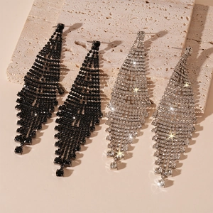 Sparkling rhinestone tassel earrings in silver and black colors for evening party wear