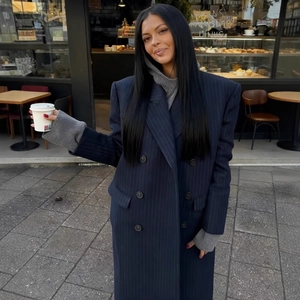 Women Navy Blue Striped Long Coat Wool Blend Oversized Button Front Lapel Trench Style Outerwear For Autumn Winter