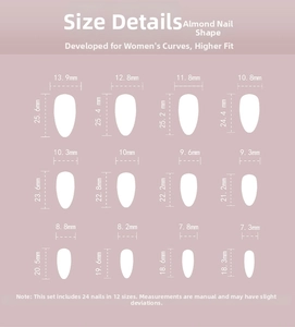 Detailed size chart showing width and length for 12 sizes of almond-shaped press-on nails