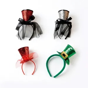 Cerchietto Mini Cilindro Con Paillettes Velo In Tulle E Fiocco Di Raso Per Accessorio Da Travestimento Per Festa Di Halloween Scintillante