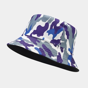 Detail of purple camouflage bucket hat featuring reinforced stitched brim and black lining