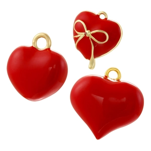 Red Enamel Heart Charms With Gold Bowknot Brass DIY Craft Pendants For Jewelry Making Sweet Style For Women