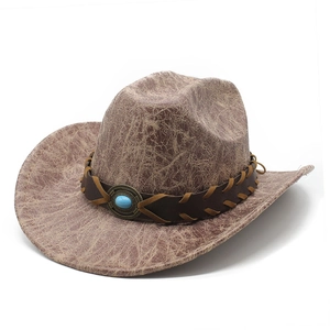 Retro Western Cowboy Hat With Distressed Faux Leather Texture Wide Brim Sun Protection Ethnic Style Turquoise Decor Unisex