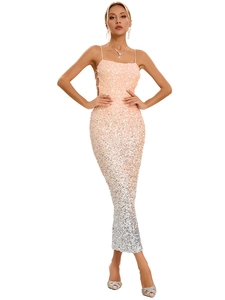 Elegant peach to silver gradient sequin bodycon dress with V-neck spaghetti straps