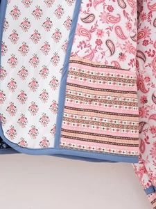 Detail of quilted floral patterns with contrast blue binding on a reversible jacket