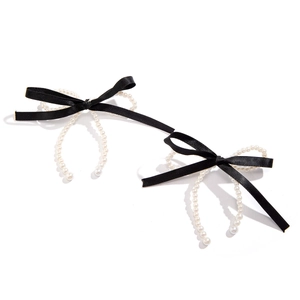 Elegant black ribbon bow earrings with white faux pearls and crystal tassels for women