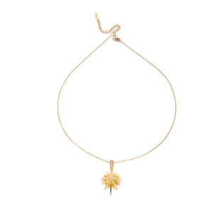 Elegant gold titanium steel necklace with sparkling starburst pendant on white background