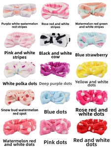 Detailed catalog of colorful coral fleece bow headbands in striped and polka dot patterns