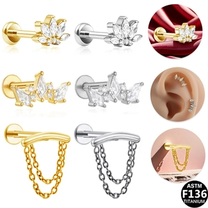 Internally Threaded Lip Stud Copper Stainless Steel Rhinestone Crown Bat Double Chain Ear Cartilage Piercing Jewelry