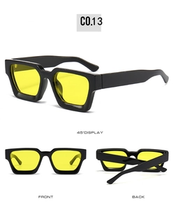 Detailed views of retro square sunglasses featuring black frames and yellow lenses