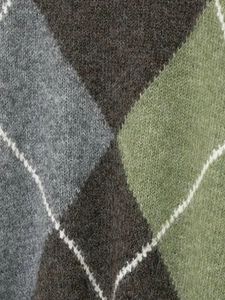 Detailed macro view of the argyle knit texture in brown, grey, and olive green fabric