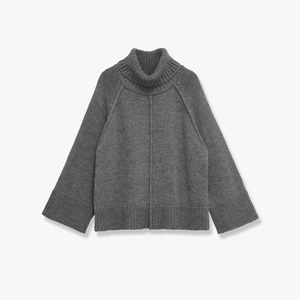 Women Knit Sweater High Neck Raglan Sleeve Casual Loose Pullover Solid Grey Polyester Acrylic Elegant Warm Top