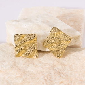 Geometric Square Stud Earrings 18K Gold Plated Stainless Steel Hammered Texture Irregular Folded Retro Minimalist Women