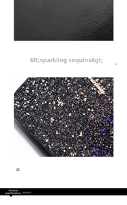 Detail of black litchi grain leather stitched with sparkling colorful sequin fabric