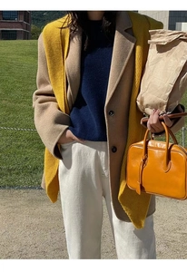 Outdoor street style showcasing a camel coat with a yellow knit scarf and brown leather bag