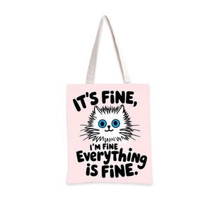 Sac fourre-tout en toile rose avec tête de chat de dessin animé et citation anglaise