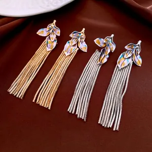 Retro Leaf Tassel Dangle Earrings Enamel Colorful Rhinestone Copper With 925 Sterling Silver Earring Post Elegant For Women