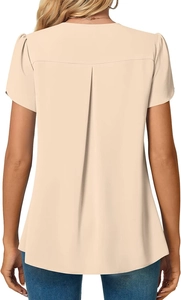 Detail view of the back pleats on this light beige V-neck chiffon shirt for women
