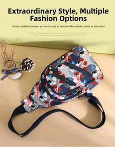 Close-up of nylon crossbody bag featuring abstract floral prints and three zippered pockets