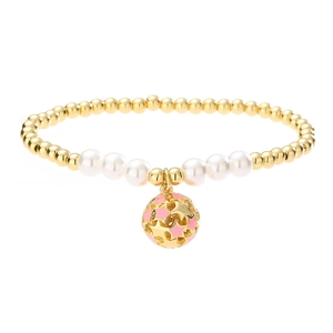 Bracelet à billes dorées avec perles blanches et un pendentif étoile rose ajouré
